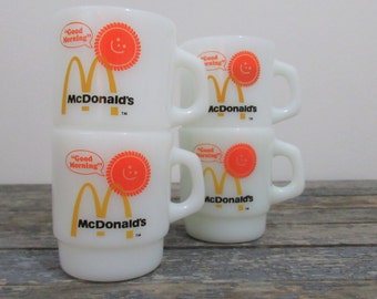McDonald's Mugs, Milk Glass Coffee Mugs, Anchor Hocking Fire King, Advertising Collectible, Kitschy Kitchen Decor
