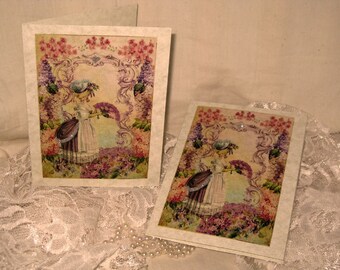 Vintage French Design Marie Antoinette Handmade Cards Adormed with Bling on Parchment ECS