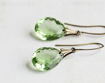 Green Drop Earrings, Large Faceted Glass Teardrop Earrings on Antiqued Brass Hooks, Light Green Earrings, Bridesmaid Jewelry