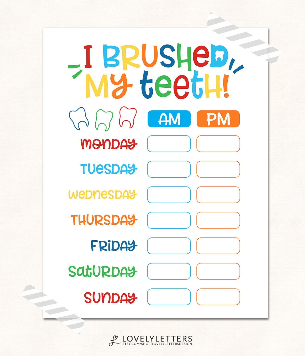 Teeth Brushing Chart | DIGITAL | I Brushed My Teeth | Kids