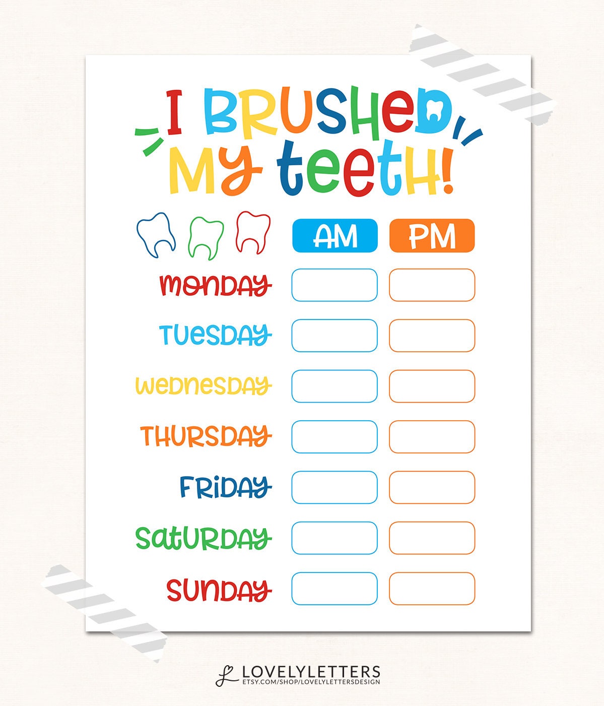 Teeth Brushing Chart DIGITAL I Brushed My Teeth Kids