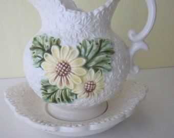 Vintage Pitcher on Saucer. White on White Relief Daisies, Painted Daisies. Parma by AAI Made in Japan