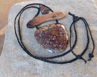 Statement Boulder Opal, wood, Jasper necklace, unique natural macrame jewelry, wearable art handmade in Australia adjustable length
