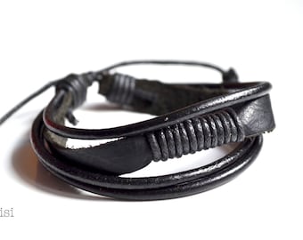 Bracelet black leather cord Men