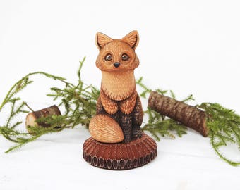 Wooden Fox Figurine Wood Carving Woodland Animal Wooden Fox Statue Woodcarving Carved Fox Lover Gift Red Fox Miniature Wooden Animal Art