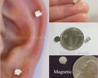MAGNETIC 4 mm Clear Faceted Glass Crystal Rhinestone Stud Fake Non-Pierced Earrings 1 Pair #148