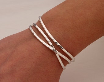 Thin Hammered Cuff Bracelets, Sterling Silver