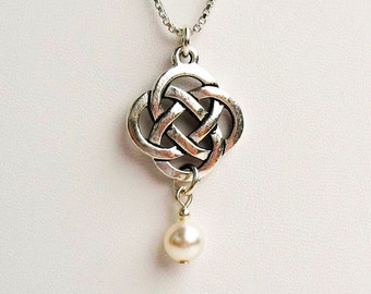 Celtic Knot Necklace with White Crystal Pearl - on Sterling Silver Chain
