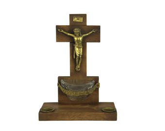 French Art Deco Wooden Crucifix, Inkwell and Holy Water Font. Double Inkwells. Christian Gift.