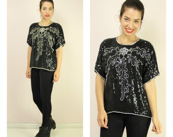 Vintage 80s Black Sequin Silk Top