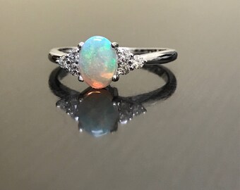 Diamond Platinum Opal Engagement Ring - Art Deco Platinum Diamond Opal Wedding Ring - Diamond Opal Platinum Ring - Opal Diamond Ring