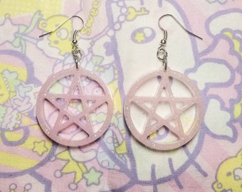 Pastel Goth Pink Glitter Pentagram Resin Earrings