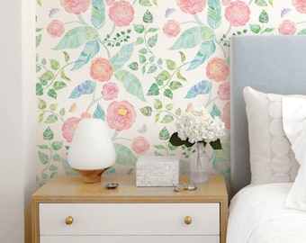 Spring Garden Flowers Pink Peel & Stick Fabric Wallpaper Repositionable