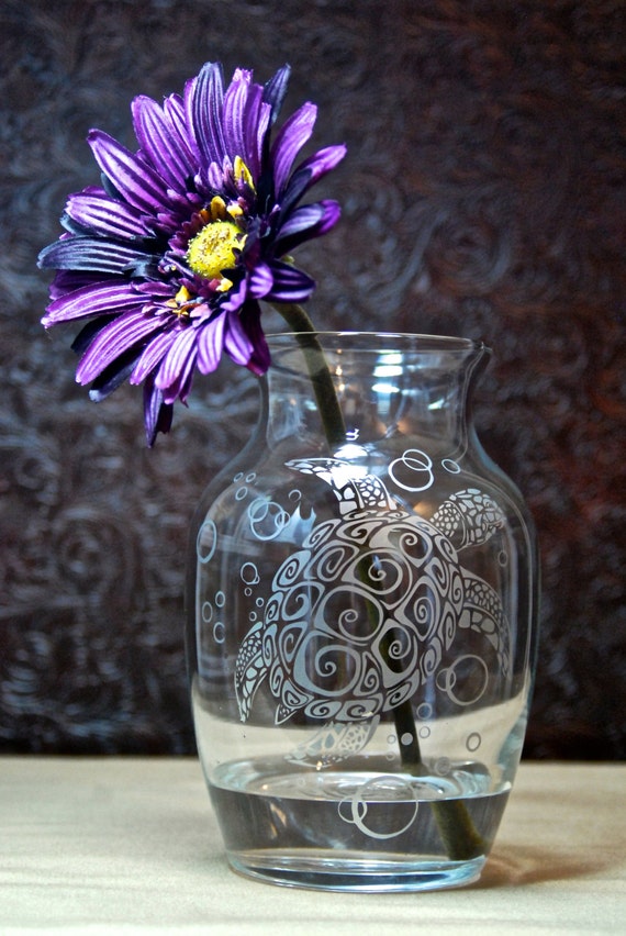 Sea Turtle Vase Glass Etched Vase Etched Glass Gifts