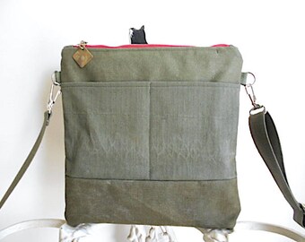 Red zipper, military canvas crossbody, iPad flat bag - eco vintage fabrics
