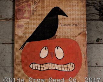 Pumpkin Raven Halloween Painting 11x14 Mixed Media Crow