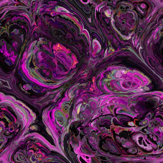 Artisan Textile Artist Pink Fushia Grey Waves Marble Hand Created Jersey Lycra Spandex Knit Fabric