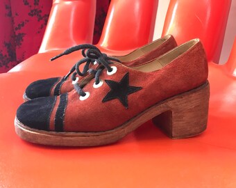Vintage 70s suede wooden platform oxfords disco shoes
