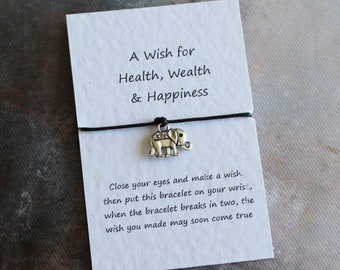 A Little Wish for Health, Wealth and Happiness, Elephant Bracelet, Wish Bracelet, Friendship Bracelet, Star Bracelet, Good Luck Card,