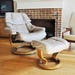 Ekornes Stressless Chair Recliner & Ottoman, Large RENO Model, Beige Color Paloma Leather, Teak Base, Made in Norway