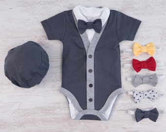 Baby Boy Clothes, Graphite Gray Cardigan, Bodysuit, Hat & Bow Tie Set, Baby Boy Cardigan, Baby Boy Coming Home Outfit, Baby Shower Gift