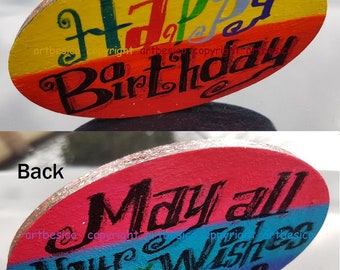 Oval wood sign - Happy Birthday .May all your wishes come true - 10 x 6 cm