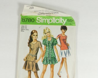 Simplicity 8780 - Vintage 1970 Pattern - Juniors and Misses Two-Piece Dress - Size 12