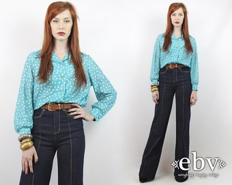 Vintage 70s Blue Floral Blouse L XL Tulips Blouse Button Up Blouse Longsleeve Blouse Secretary Blouse Button Down Blouse
