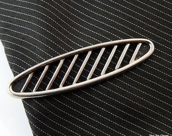 Vintage Tie Clip Silver Tone Oval Stripes 2"