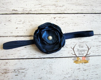 Navy Blue Satin Flower Headband with Antique Pearl - Baby Infant Toddlers Flower Girl Women
