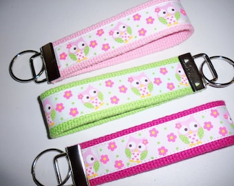 Sweet Pink Lime Green Owls Key fob / Key chain / Luggage tag