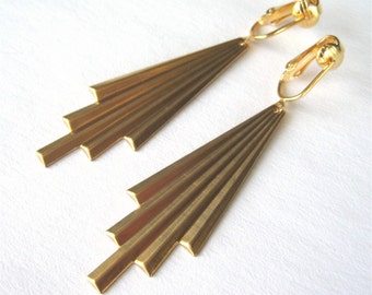 Art Deco Clip On Earrings, Gold Ear Clips, Brass Comet Tails, Folded Metal Clipons, Long Dangle Earrings, Metallic
