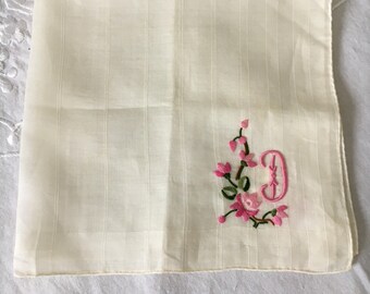 Monogrammed Hanky, Vintage Linens, Handkerchief, Monogrammed with the Letter “D” in Pink
