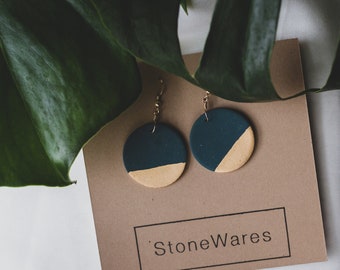 Ceramic Earrings | Round Earrings | Teal Earrings | Teal Gold Earrings