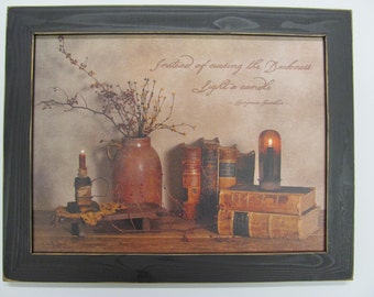 Primitive Wall Decor,Crock,Primitive Candles,Old Books,Billy Jacobs,181/2x141/2,Handmade Distressed Frame