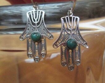 HAMSA Earrings, Hand of Fatima Filigree with Green Turquoise, Vintage Sterling Silver, Healing, Faith