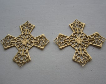 Raw Brass Ornate Gothic Filigree Crosses Stampings 2Pcs.