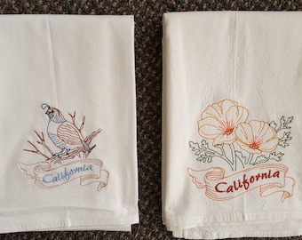 California State Bird Quail & State Flower California Poppy Flour Sack Towels