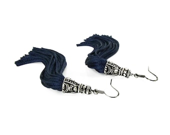Blue Tassel Earrings, long tassel earrings, Boho Earrings, Hook tassle earrings, Hippie Earrings, Tassel Jewelry, Gifts under 15