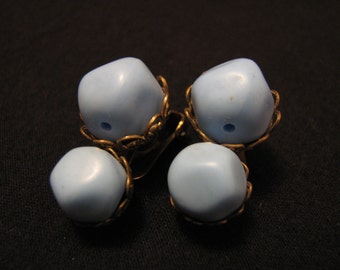 Vintage Gold Tone Filigree and Light Blue Wavy Ball Clip Earrings