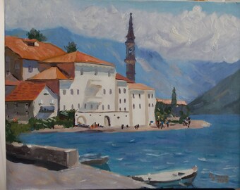 Perast, Montenegro, landscape, maritime, oil painting on canvas 40x50 cm, original, signed by the artist