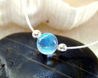 Dichroic Glass Mermaid Tear Choker in Translucent Tropical Blue or Pink, Dainty, Delicate, Sparkling Fused Glass, Sterling Silver Beads
