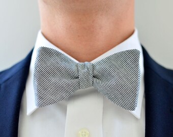 Men's Bow Tie in Navy Pin Stripe- freestyle wedding groomsmen custom bowtie neck self tie cotton navy white stripes pinstriped