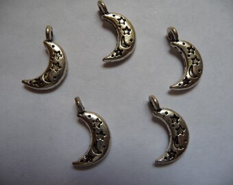 Charm, Antiqued Silver-Plated "Pewter" (zinc-based alloy), 15x11mm Double-Sided Crescent Moon, with Moon and Star Design, Pack Of 4 charms.