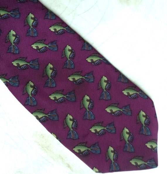 J Garcia Fish Tie Necktie Burgundy Vintage Novelty Rich Plum