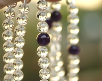 Grade A Quartz Mala Beads with Amethyst - 8 mm Quartz Buddhist Prayer Beads