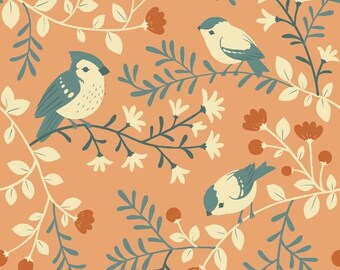 Birch Acorn Trail Birds & Branches Coral Organic (Half metre)