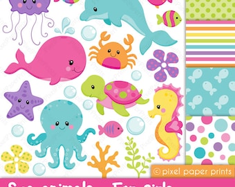 Sea animals for girls - Clip art and Digital paper set