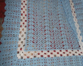 Crocheted Blue & White Baby Afghan (bk127)
