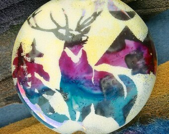 Lampwork Beads "Misty Stag" Handmade Sandblasted Glass SRA ~ Watercolour Iridescent Lustre Picture Bead ~ Cool Neutrals